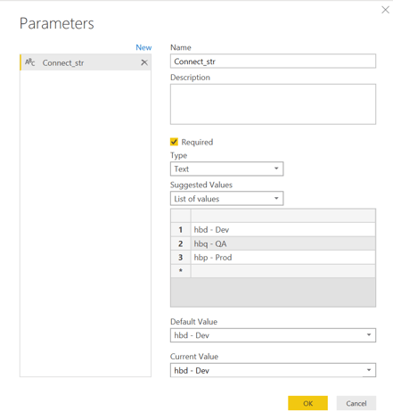 Power BI parameters connect to a data source