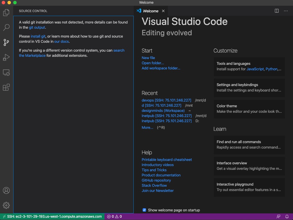 Setting up vs code for remote development no git in vs code remote