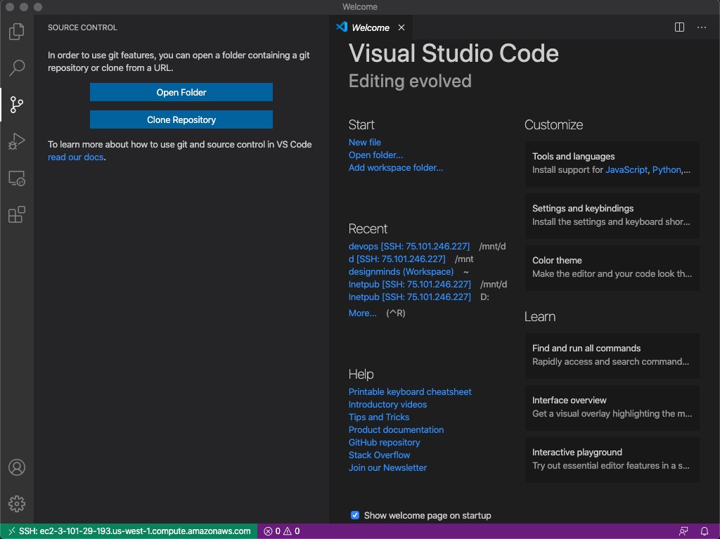 Setting up vs code for remote development reconnect remote code with git